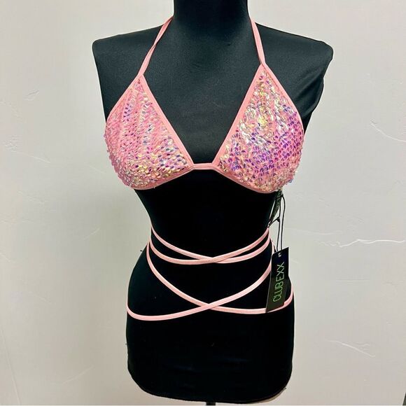 Club Exx x Dolls Kill triangle bikini top coral stretch sparkle festival szL - Picture 7 of 15